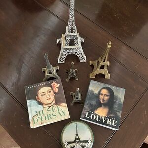 Eiffel Tower Figurine Set with Art Books and vintage compact